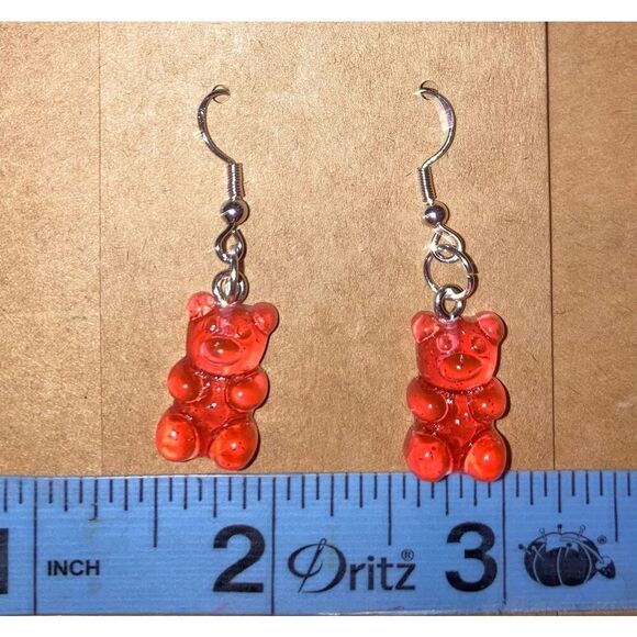 ☀️3/$9☀️ Red-Orange Resin Gummy Bear Dangle Earring with .925 Silver Hooks - Picture 3 of 6